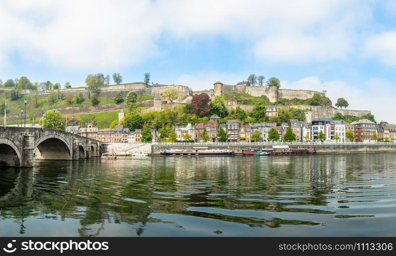 Meuse river with Jambes bridge and Citadel of Namur fortress on the hill, Namur, Wallonia, Belgium