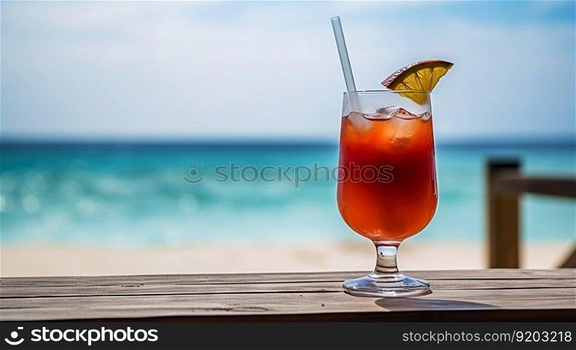 Mexican Bulldog cocktail on background with blue sea and sky tropical background. Generative AI.. Mexican Bulldog cocktail on background with blue sea and sky tropical background. Generative AI