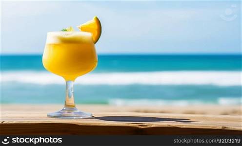 Mexican Bulldog cocktail on background with blue sea and sky tropical background. Generative AI.. Mexican Bulldog cocktail on background with blue sea and sky tropical background. Generative AI