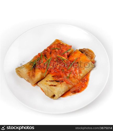 Mexican Burritos With Salsa In A White Plate
