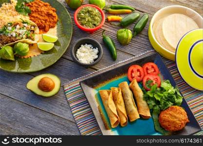 Mexican carnitas tacos with flautas from Mexico food ingredients