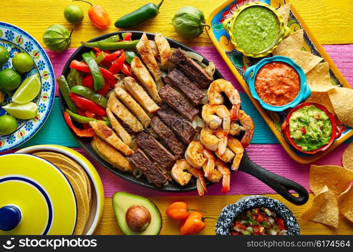 Mexican combo beef and chicken fajitas with shrimp