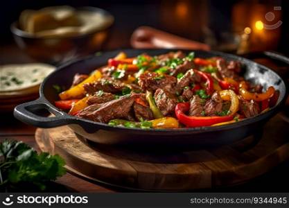 Mexican culinary scene with beef fajitas on a wooden cutting board, adorned with dramatic lighting, offering a sensory experience of flavors and vibrant colors