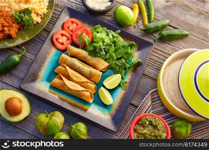 Mexican flautas rolled tacos with salsa and Mexico food ingredients
