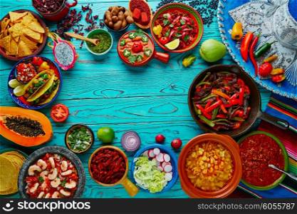 Mexican food mix copyspace frame colorful background Mexico