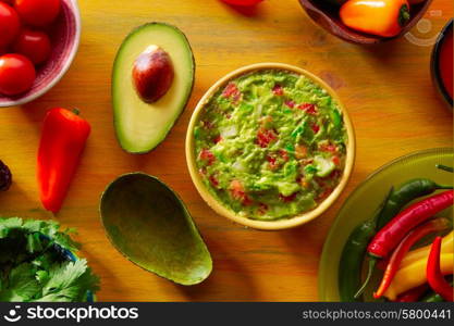 Mexican food mixed guacamole chili sauce avocado tomatoes and coriander