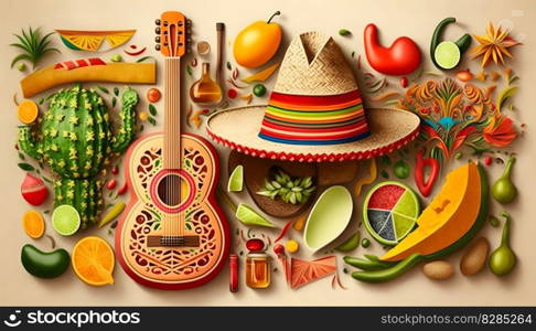 Mexican holiday Cinco de Mayo, May 5 pattern background with Mexican traditional national ethnic symbols flags, flowers, decorations, guitar, hat, cactuses, bright details. AI Generative content