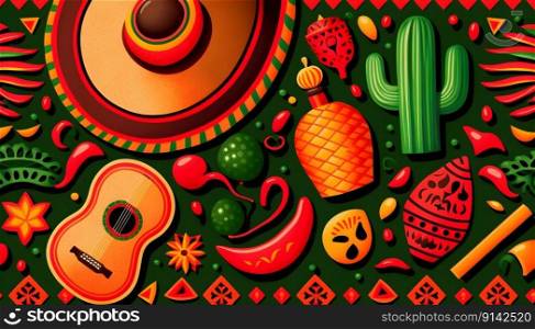 Mexican holiday Cinco de Mayo, May 5 pattern background with Mexican traditional national ethnic symbols flags, flowers, decorations, guitar, hat, cactuses, bright details. AI Generative content