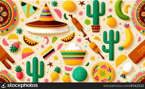 Mexican holiday Cinco de Mayo, May 5 pattern background with Mexican traditional national ethnic symbols flags, flowers, decorations, guitar, hat, cactuses, bright details. AI Generative content