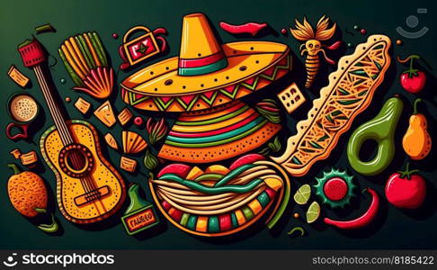 Mexican holiday Cinco de Mayo, May 5 pattern on black background with Mexican traditional national ethnic symbols flags flowers decorations guitar hat cactuses bright details. AI Generative content