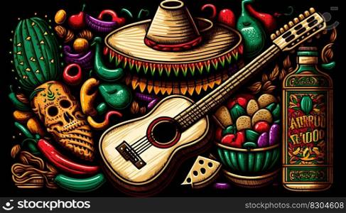 Mexican holiday Cinco de Mayo, May 5 pattern on black background with Mexican traditional national ethnic symbols flags flowers decorations guitar hat cactuses bright details. AI Generative content