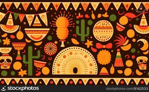 Mexican holiday Cinco de Mayo, May 5 pattern on black background with Mexican traditional national ethnic symbols flags flowers decorations guitar hat cactuses bright details. AI Generative content