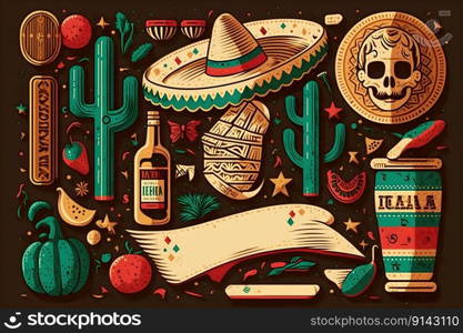 Mexican holiday Cinco de Mayo, May 5 pattern on black background with Mexican traditional national ethnic symbols flags flowers decorations guitar hat cactuses bright details. AI Generative content