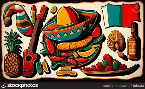 Mexican holiday Cinco de Mayo, May 5 retro style pattern background with Mexican traditional national ethnic symbols flags, flowers, decorations, guitar, hat, cactuses. AI Generative content
