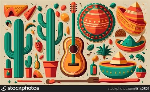 Mexican holiday Cinco de Mayo, May 5 retro style pattern background with Mexican traditional national ethnic symbols flags, flowers, decorations, guitar, hat, cactuses. AI Generative content