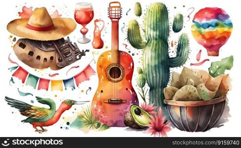 Mexican holiday Cinco de Mayo, May 5 watercolor background with Mexican traditional national ethnic symbols flags, flowers, decorations, guitar, hat, cactuses, bright details. AI Generative content