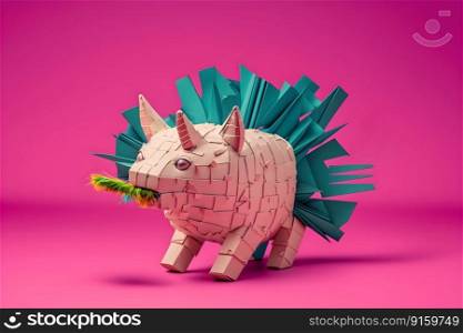 Mexican holiday pinata monster or cute fantastic beast mutant creature on bright pink background. AI Generative content