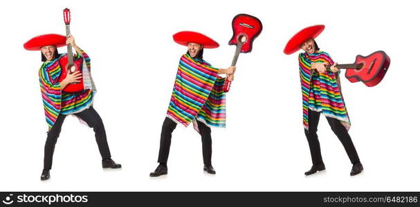 Mexican in vivid poncho holding guitar isolated on white