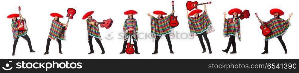 Mexican in vivid poncho holding guitar isolated on white