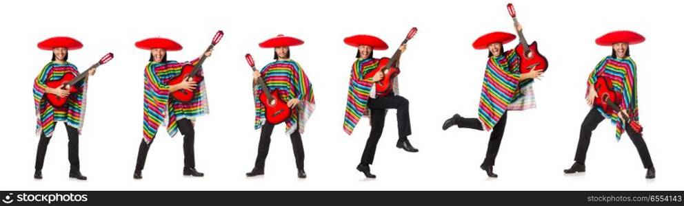 Mexican in vivid poncho holding guitar isolated on white