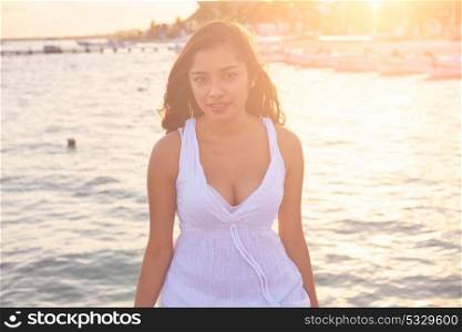 Mexican latin woman at Caribbean sea of Riviera Maya in Mexico