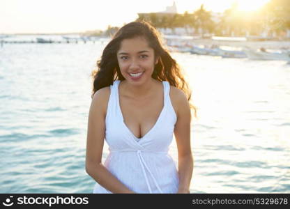 Mexican latin woman at Caribbean sea of Riviera Maya in Mexico