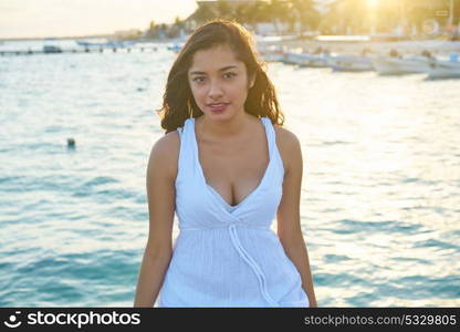 Mexican latin woman at Caribbean sea of Riviera Maya in Mexico