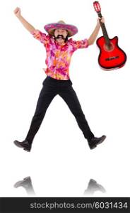 Mexican male brandishing guitar isolated on white