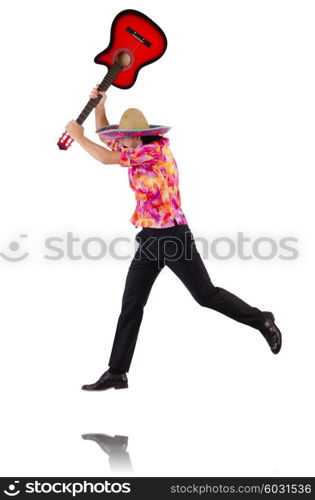 Mexican male brandishing guitar isolated on white