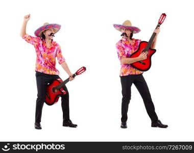 Mexican male brandishing guitar isolated on white