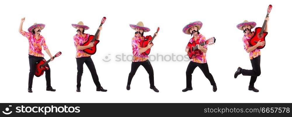 Mexican male brandishing guitar isolated on white. The mexican male brandishing guitar isolated on white