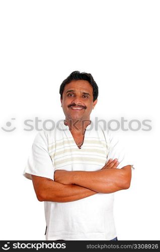 Mexican man with mayan shirt smiling isolated on white