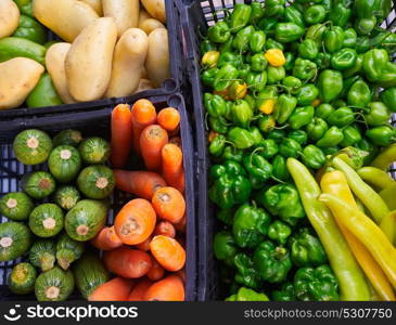 Mexican market vegetables chili habanero carrot potatoes cucumbers peppers