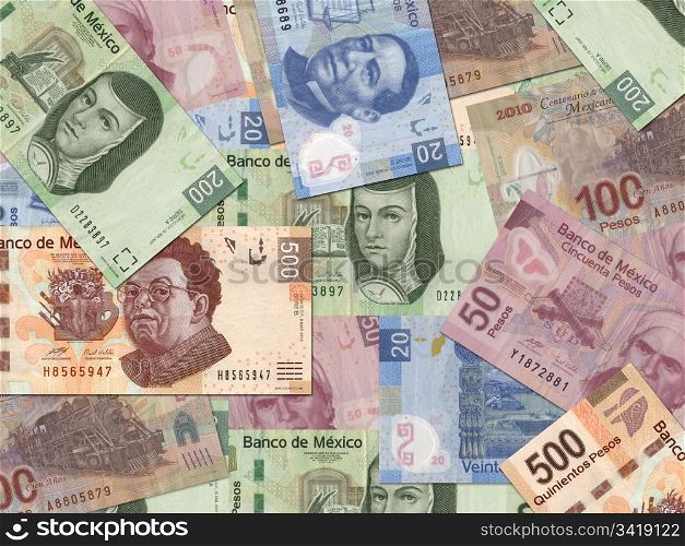Mexican Peso bills scattered randomly all over.