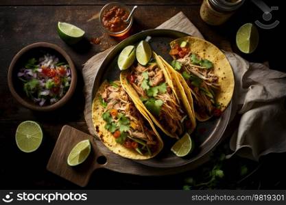 Mexican pork carnitas tacos. Illustration AI Generative