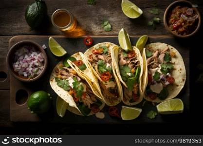 Mexican pork carnitas tacos. Illustration AI Generative