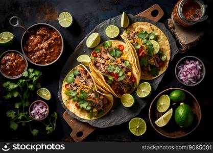 Mexican pork carnitas tacos. Illustration Generative AI. Mexican pork carnitas tacos. Illustration AI Generative