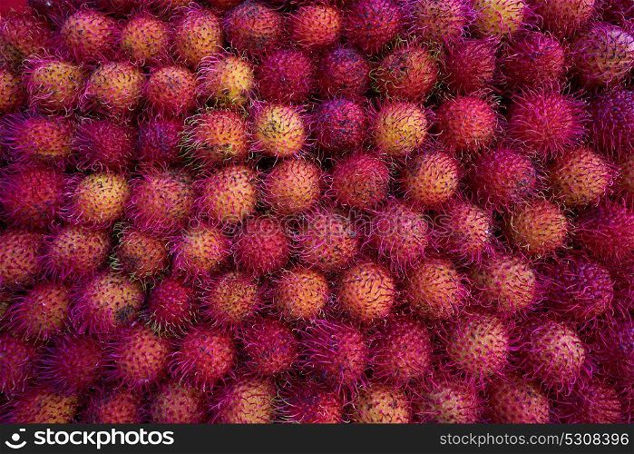 Mexican Rambutan stacked in raws on market