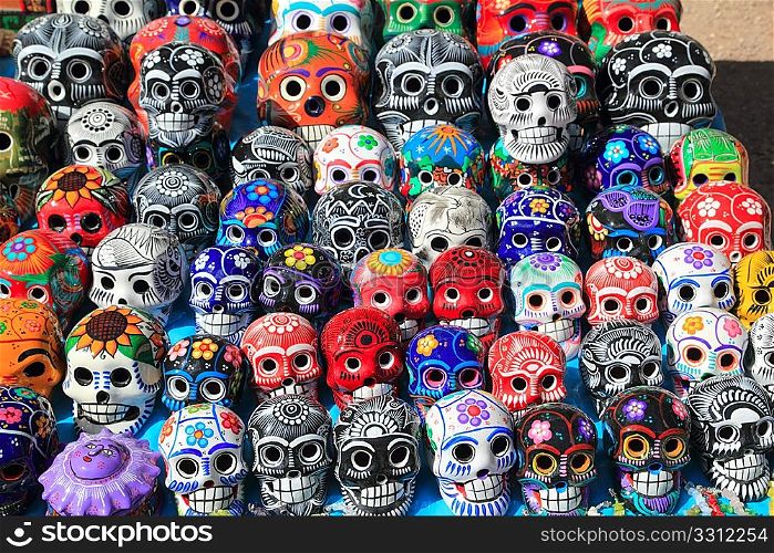 Mexican skulls colorful ceramic Day of the Dead handcrafts