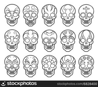 Mexican sugar skull icon set. Mexican sugar skull icon set. Spooky day of the dead skulls vector icons for mexico carnival