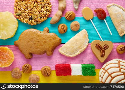 Mexican sweets and pastries cajeta tamarindo coconut flag Palanqueta puerquito