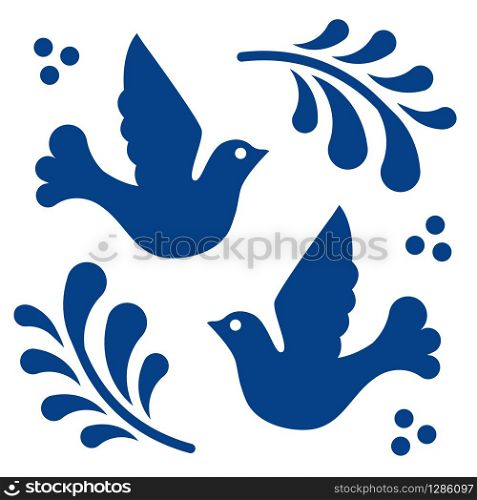 Mexican talavera tile pattern with birds. Ornament in traditional style from Puebla in classic blue and white. Floral ceramic composition with flower, dot and leaves. Folk art design from Mexico. Mexican talavera tile pattern with birds. Ornament in traditional style from Puebla in classic blue and white. Floral ceramic composition with flower, dot and leaves. Folk art design from Mexico.