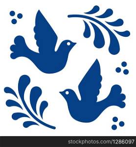 Mexican talavera tile pattern with birds. Ornament in traditional style from Puebla in classic blue and white. Floral ceramic composition with flower, dot and leaves. Folk art design from Mexico. Mexican talavera tile pattern with birds. Ornament in traditional style from Puebla in classic blue and white. Floral ceramic composition with flower, dot and leaves. Folk art design from Mexico.