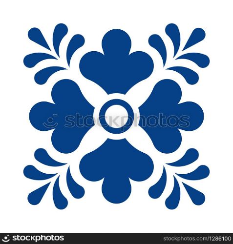 Mexican talavera tile pattern with flower. Ornament in traditional style from Puebla in classic blue and white. Floral ceramic composition with dot and leaves. Folk art design from Mexico. Mexican talavera tile pattern with flower. Ornament in traditional style from Puebla in classic blue and white. Floral ceramic composition with dot and leaves. Folk art design from Mexico.