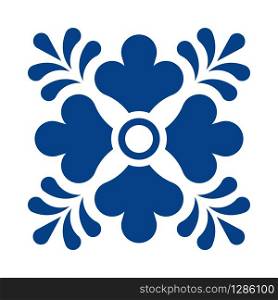 Mexican talavera tile pattern with flower. Ornament in traditional style from Puebla in classic blue and white. Floral ceramic composition with dot and leaves. Folk art design from Mexico. Mexican talavera tile pattern with flower. Ornament in traditional style from Puebla in classic blue and white. Floral ceramic composition with dot and leaves. Folk art design from Mexico.
