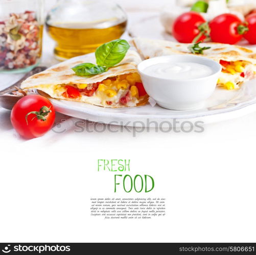 Mexican tortilla with meat stuffing, corn and vegetable salsa