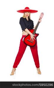 Mexican woman guitarist isolated on white