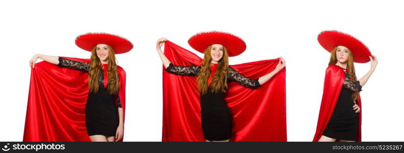 Mexican woman in red clothing on white