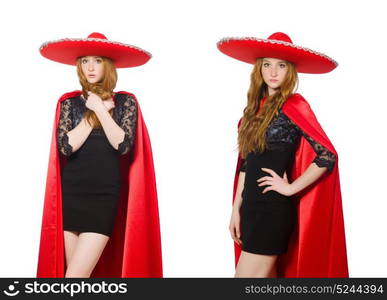 Mexican woman in red clothing on white