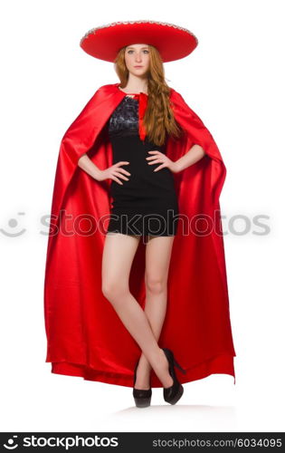 Mexican woman in red clothing on white